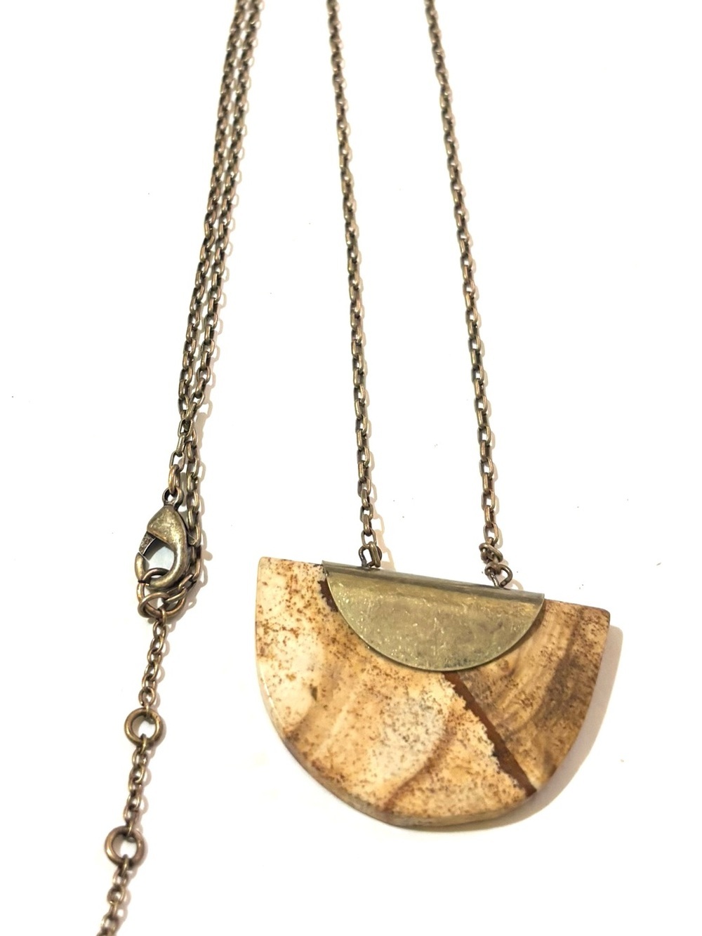 Semi-Circle Beige Stone Pendant Necklace with Gold-Tone Accent
